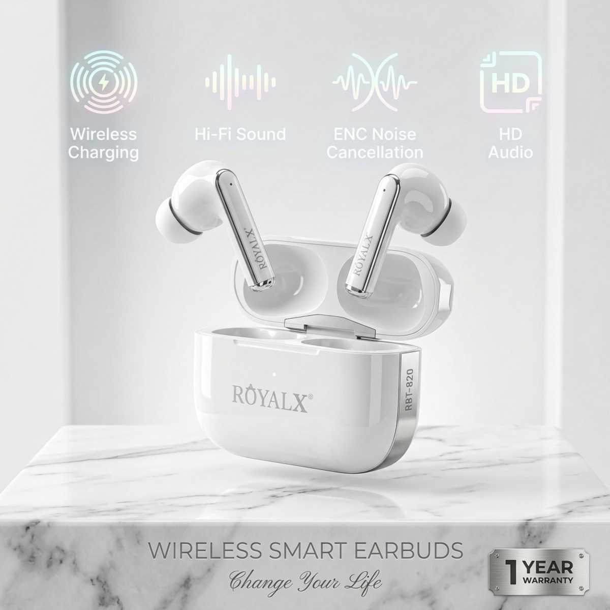 RoyalX RBT-820 Wireless Earbuds – Bluetooth Earbuds with Noise Cancellation & Charging Case