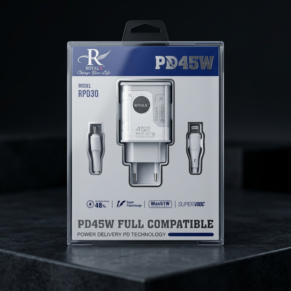 RoyalX PD45W Fast Charger C Type 2 C type C type 2 iPhone 48% turbo – USB-C Power Delivery Super Fast Charging Adapter with Cable