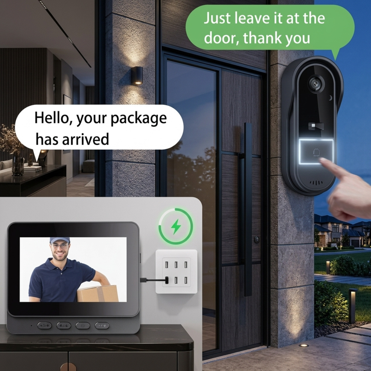 Smart Wireless Video Doorbell Camera with Indoor Display Monitor No WiFi 50 meter range Two-way audio video HD sound quality display indoor LCD monitor